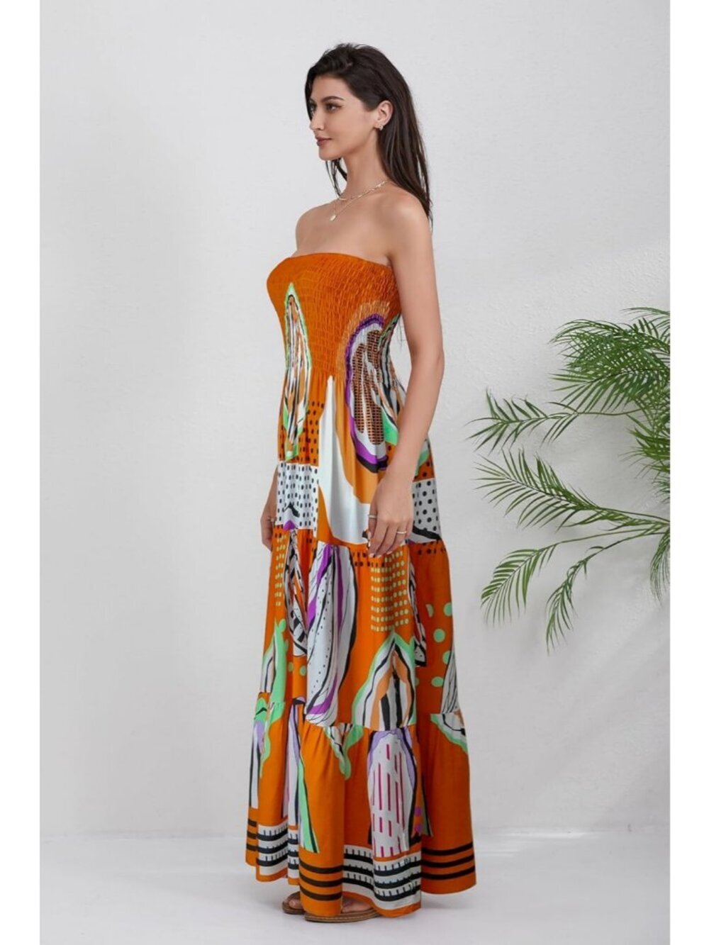Women's Orange Dot Strapless A Line Tube Top Backless Casual Sun Maxi Dress - Picture 3 of 6